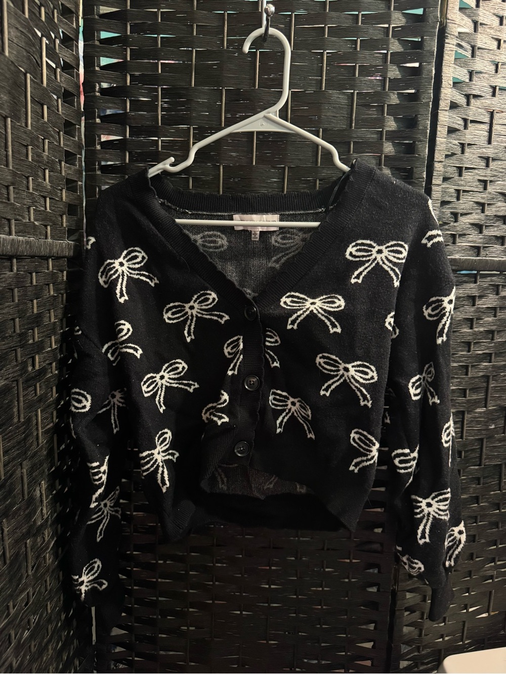 Black Bow-Print V-Neck Button Cardigan Sweater